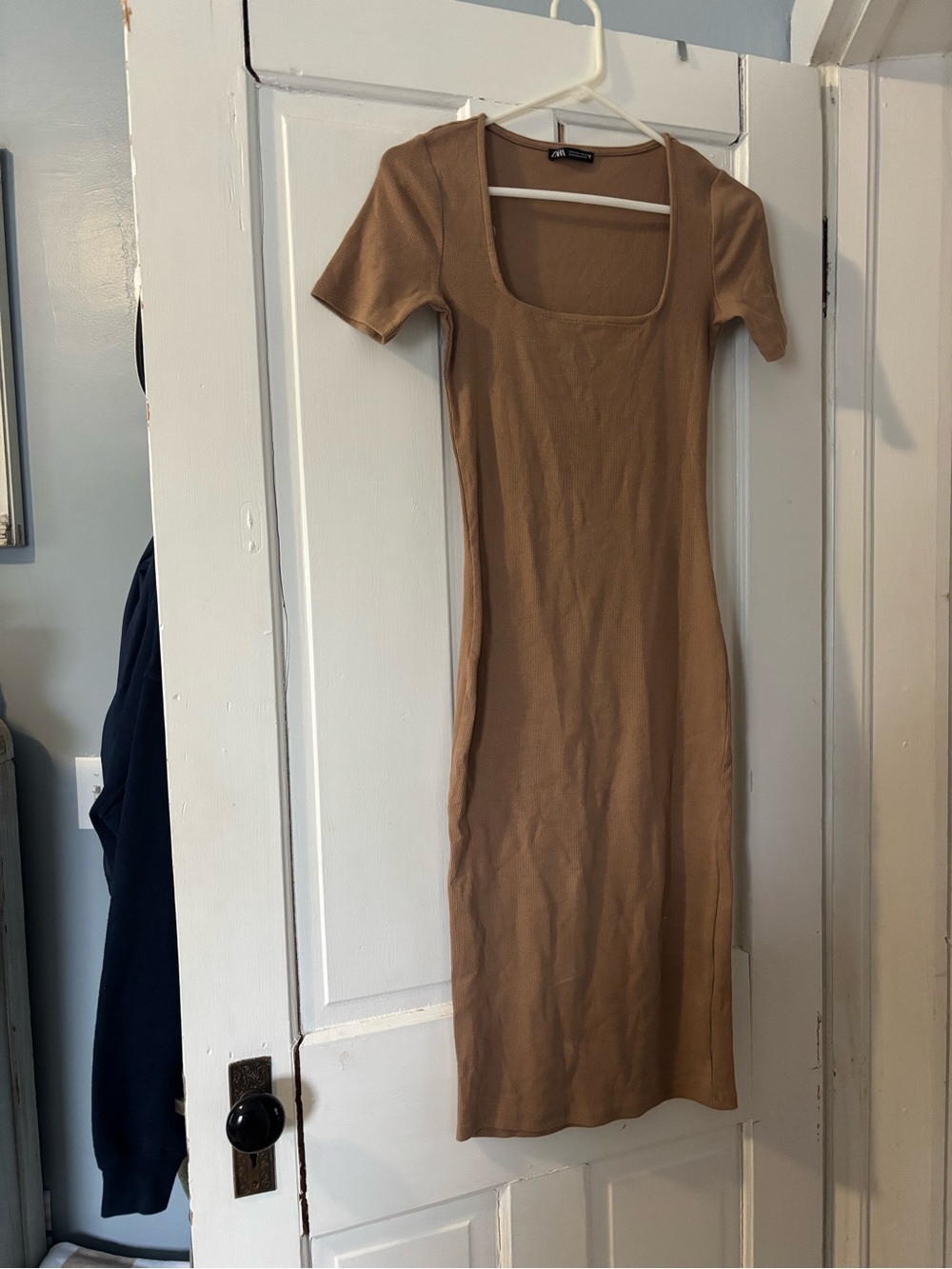 Zara Square-Neck Ribbed Midi Dress in Camel Brown